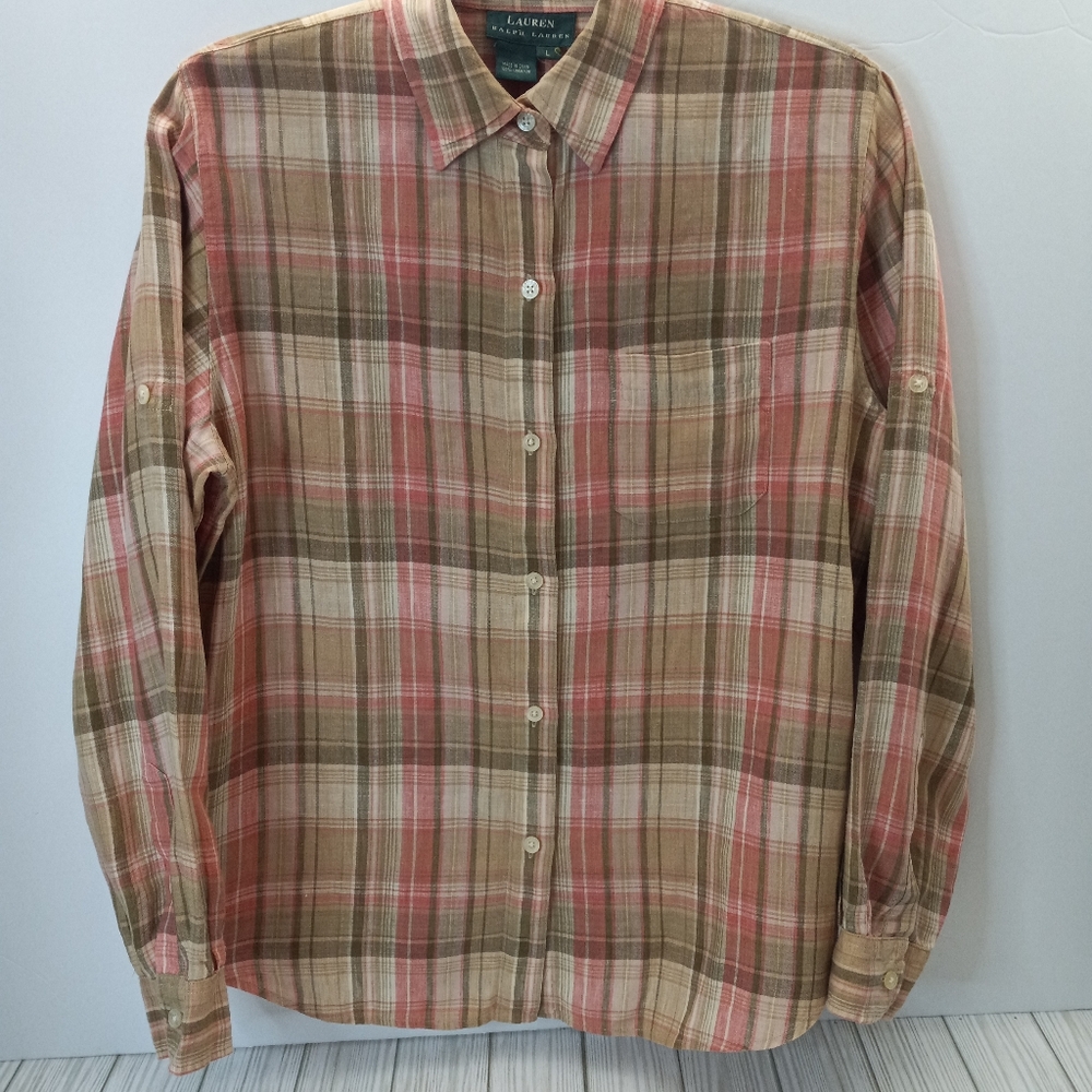 Ralph Lauren 100% Linen Plaid Button Down Long Sleeve Collar Shirt